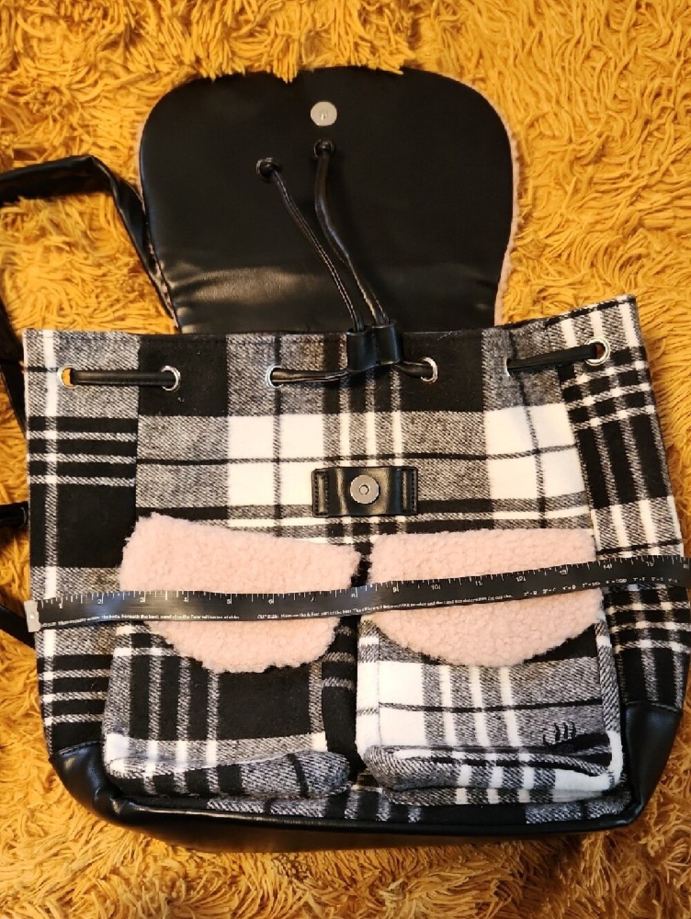 NWOT BearPaw Pink Faux-Shearling Plaid Backpack with Black Accents - Picture 13 of 13